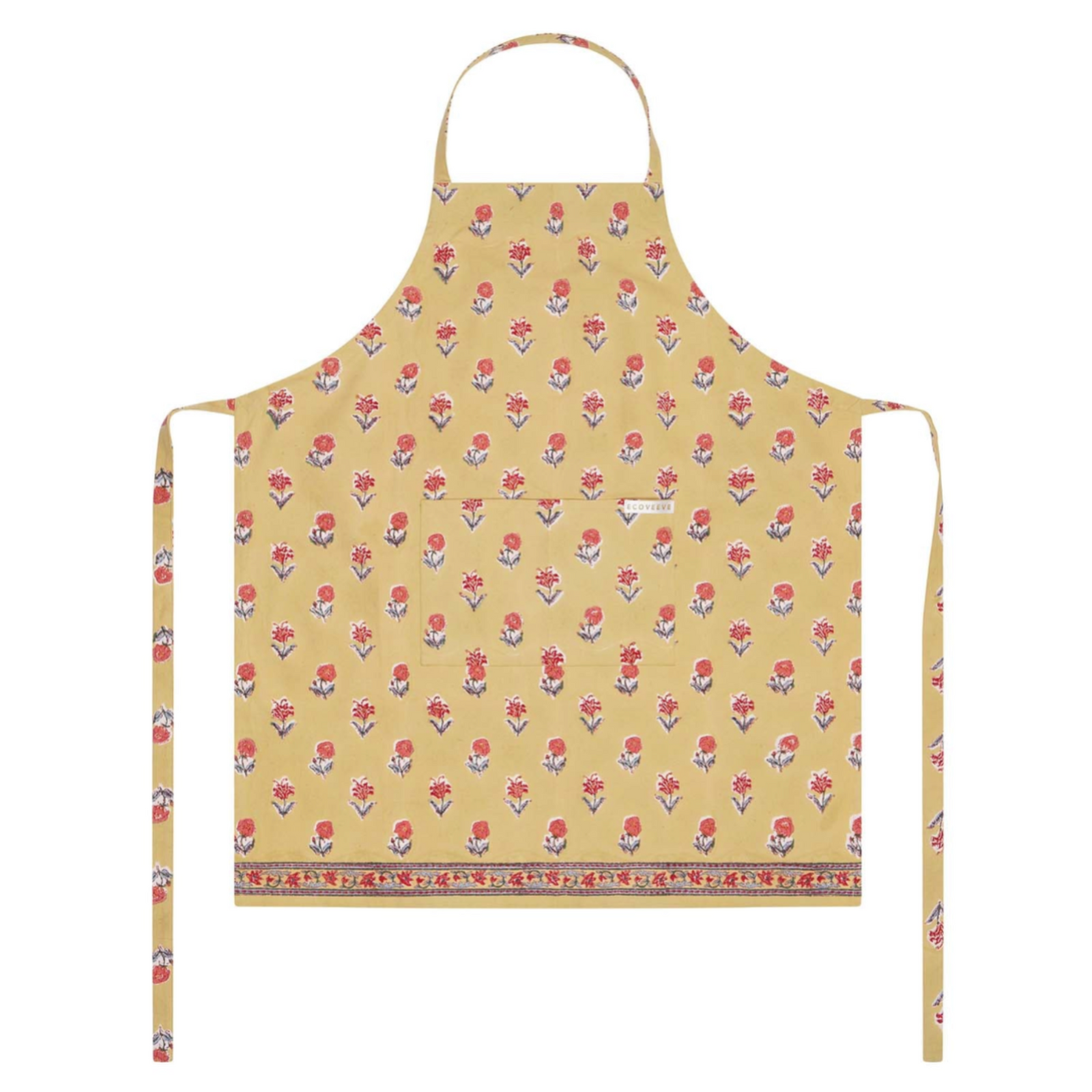 Yellow block printed apron with floral pattern on a white background