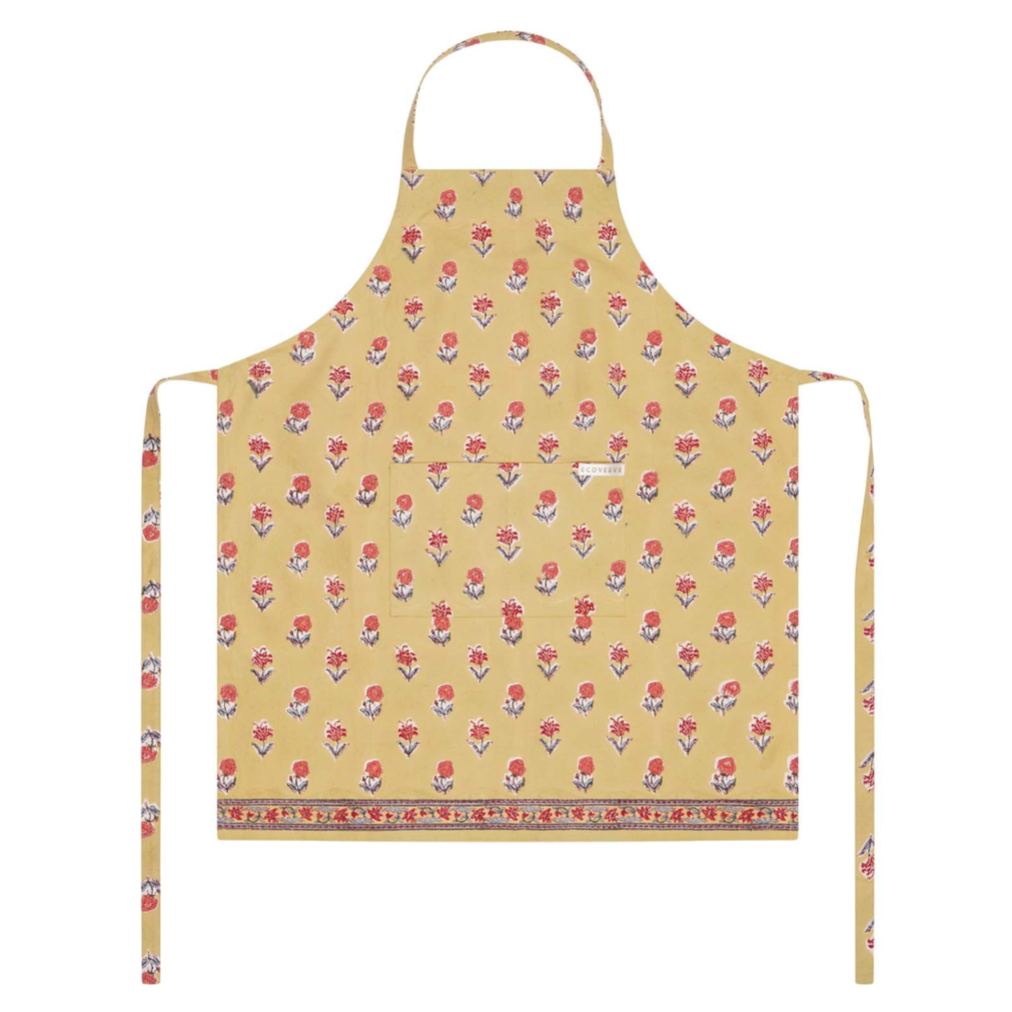 Yellow block printed apron with floral pattern on a white background