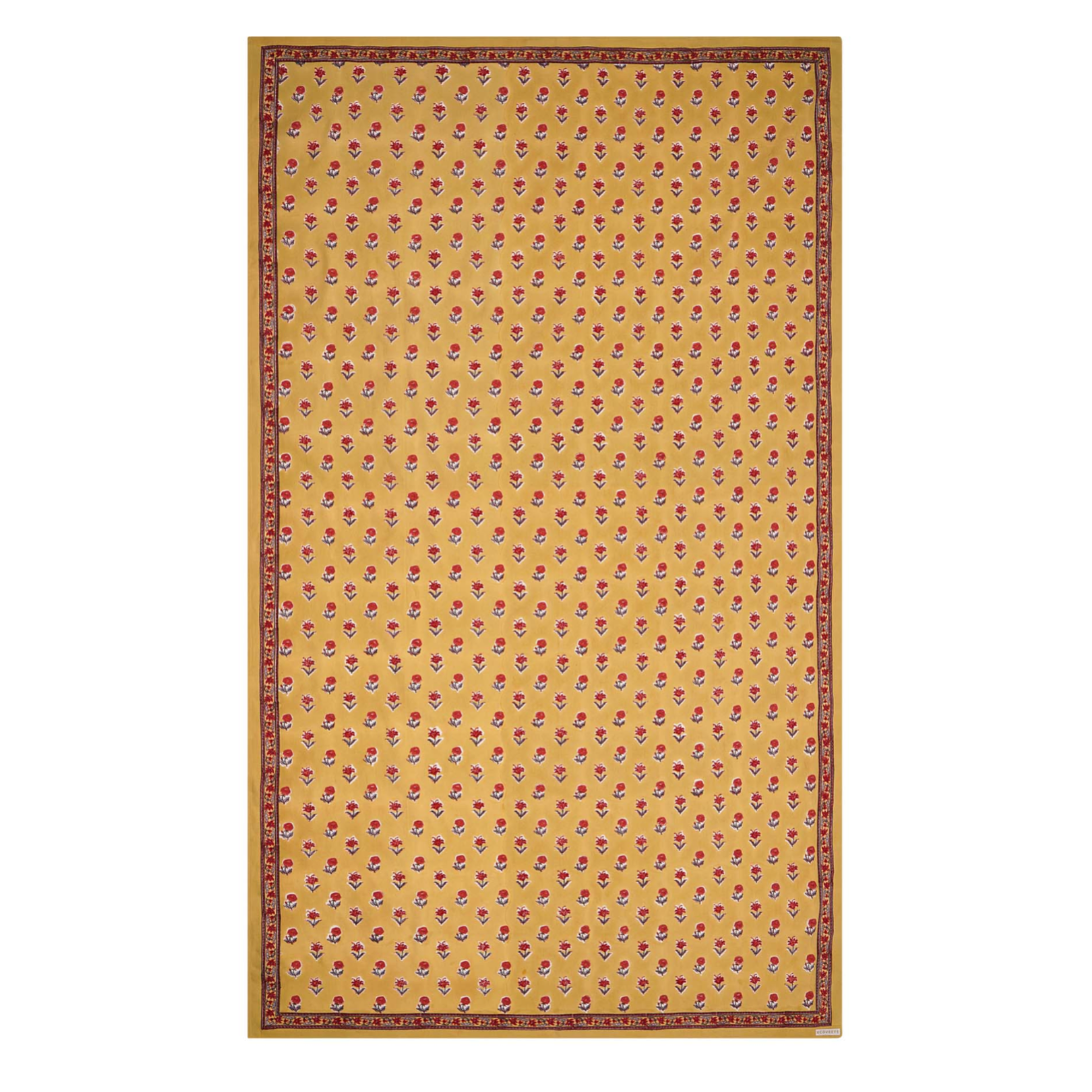 A rectangular tablecloth with a golden yellow base and small floral motifs, with a decorative border.