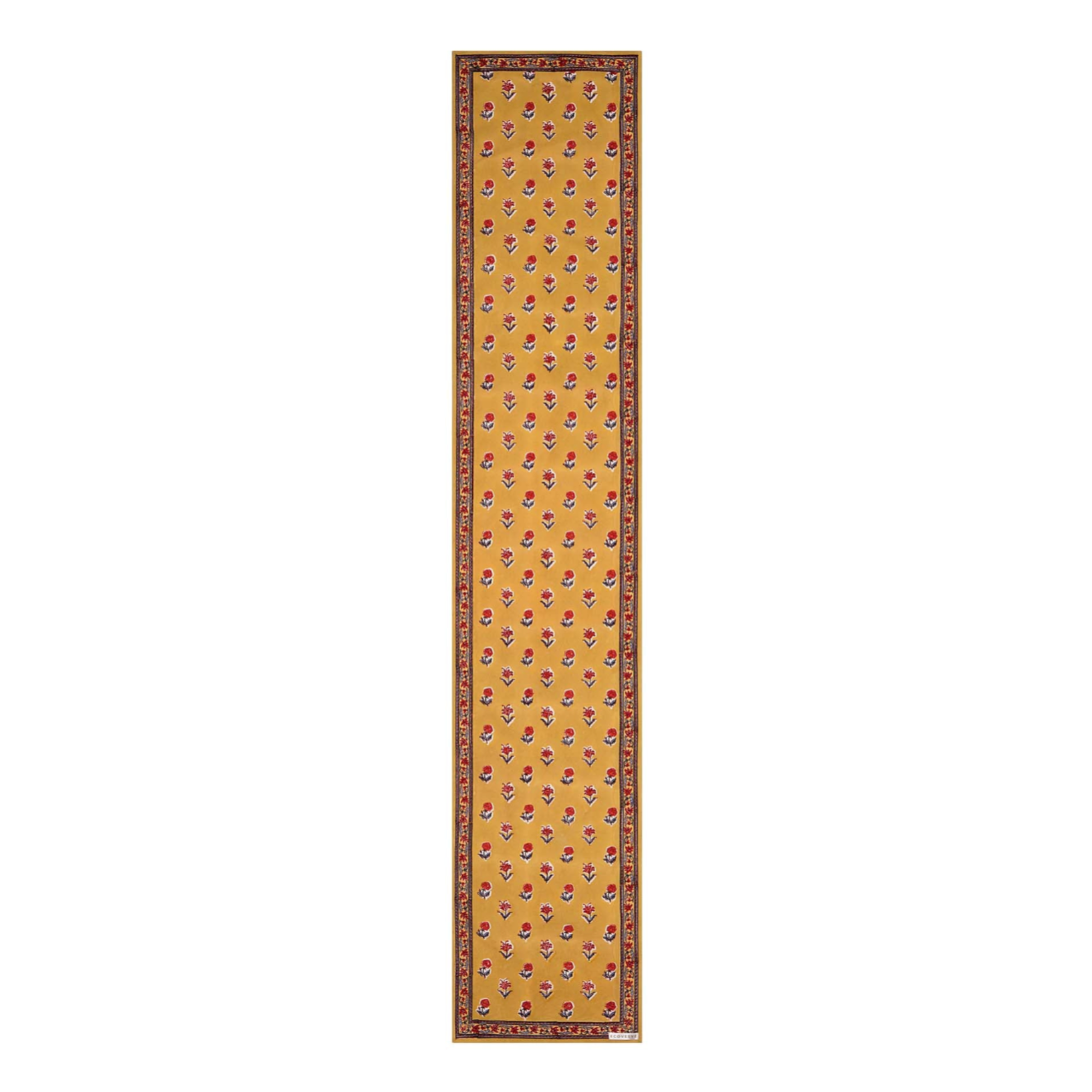 Block-printed Haldi table runner in yellow and red