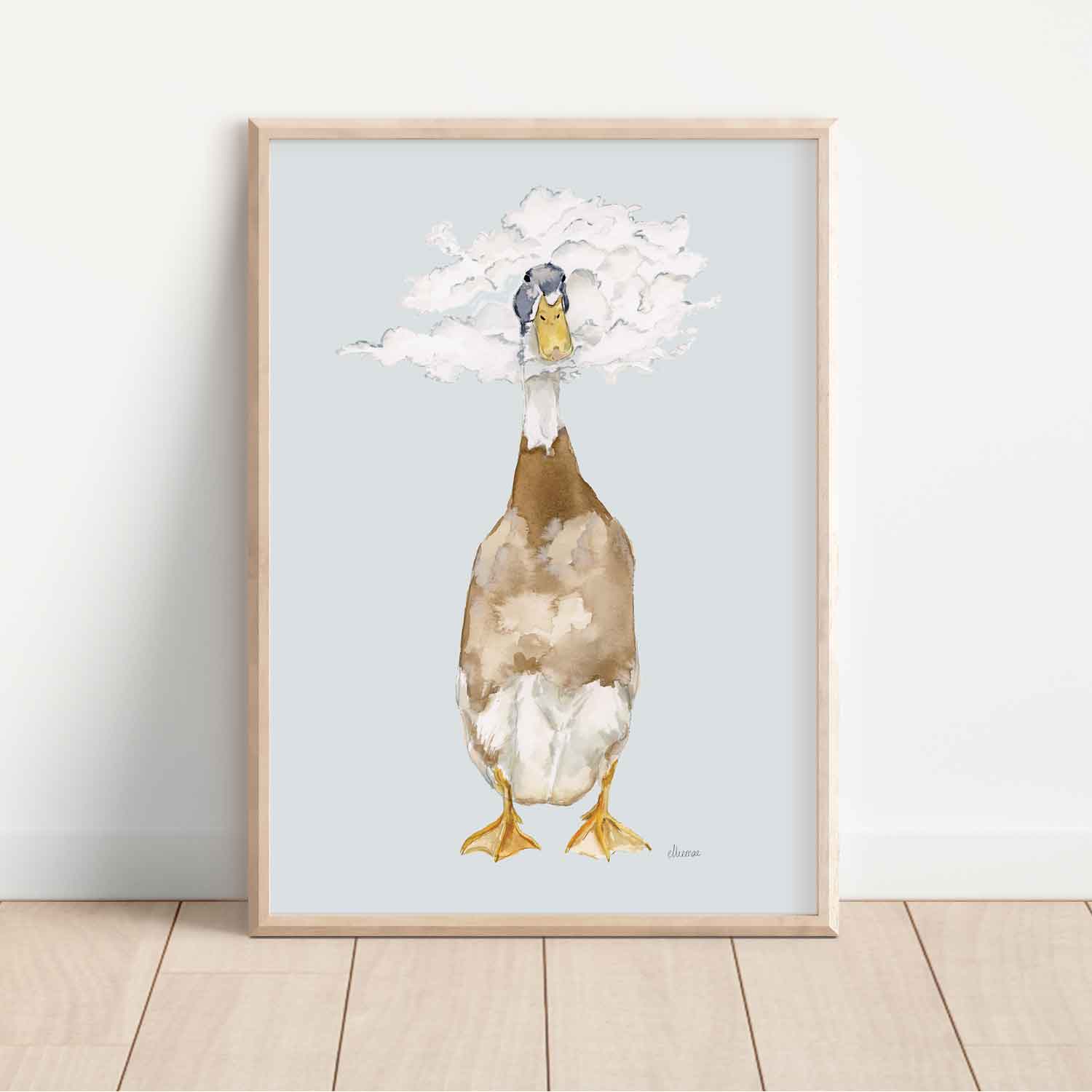 runner duck illustration with its head in the clouds on blue background fine art print. Perfect for unisex nursery room or childrens room