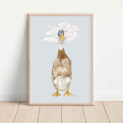 runner duck illustration with its head in the clouds on blue background fine art print. Perfect for unisex nursery room or childrens room