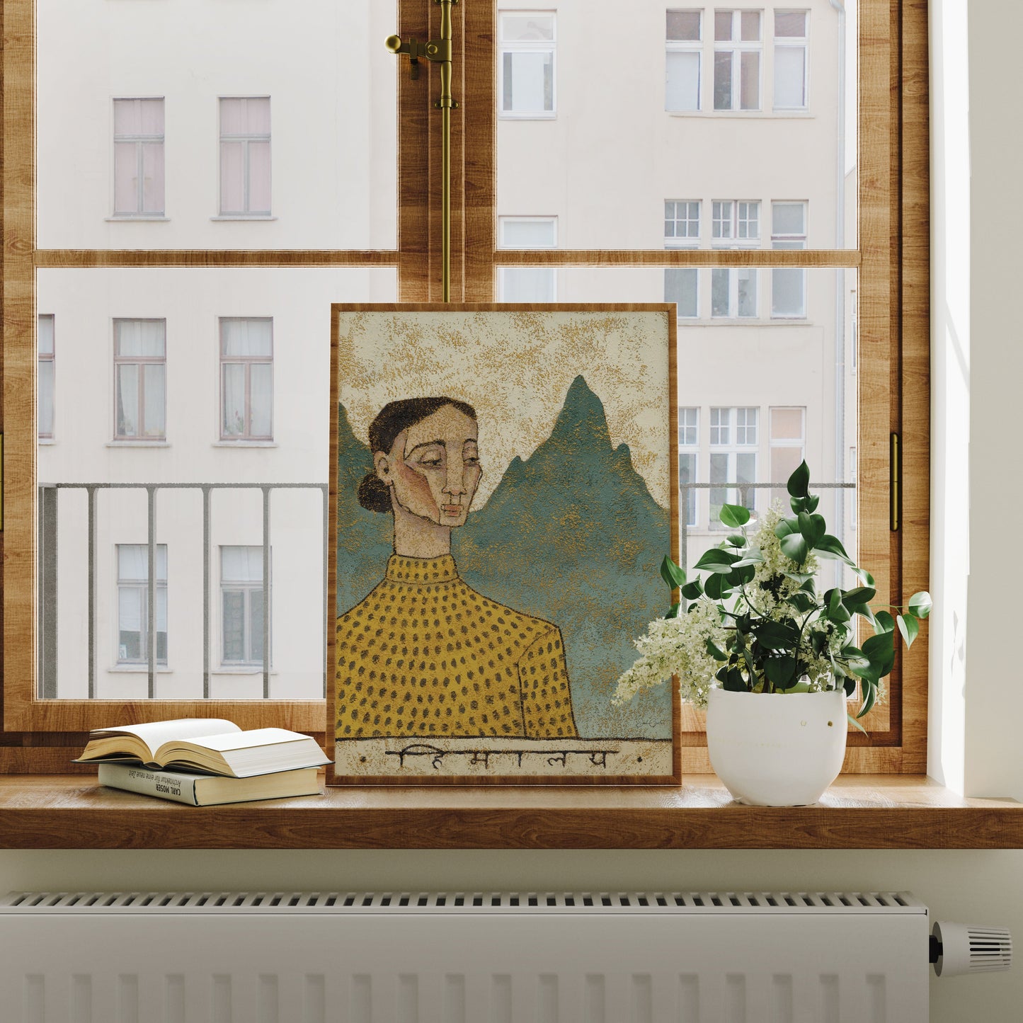 Artistic portrait on a windowsill with books and a plant