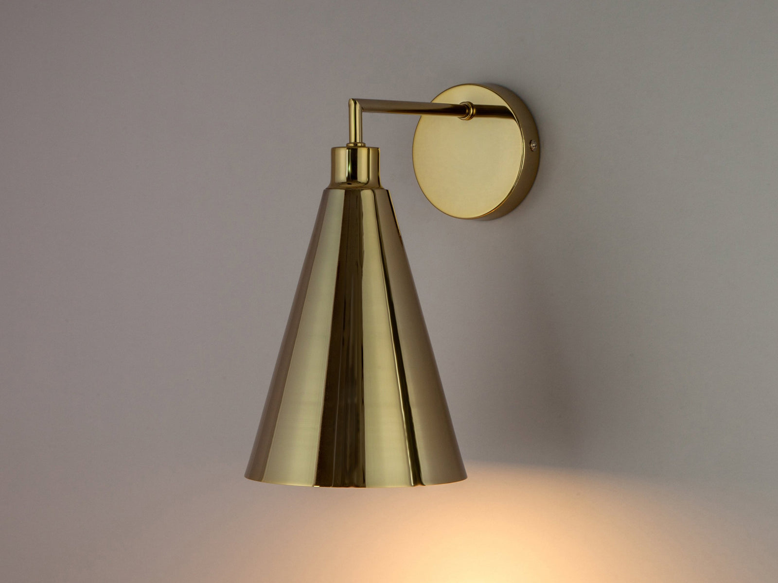 Brass cone shade wall light