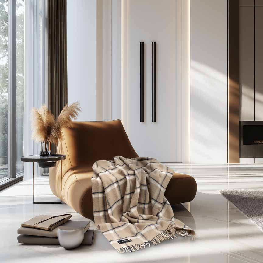 Evening Tales - Pure New Wool Blanket - Checkmate Latte