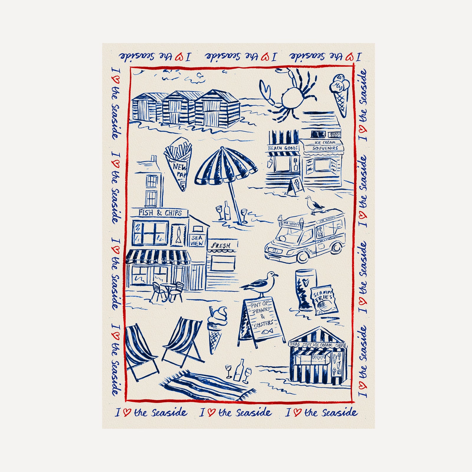 I Love The Seaside print, toile-style beach scene with ice cream van and seagulls
