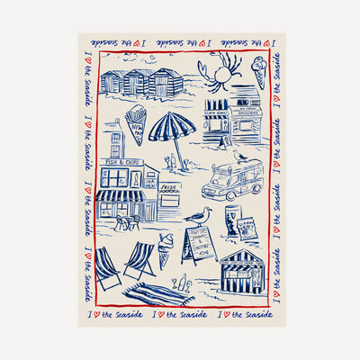 I Love The Seaside print, toile-style beach scene with ice cream van and seagulls