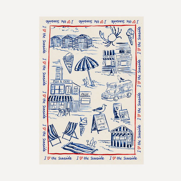 I Love The Seaside print, toile-style beach scene with ice cream van and seagulls