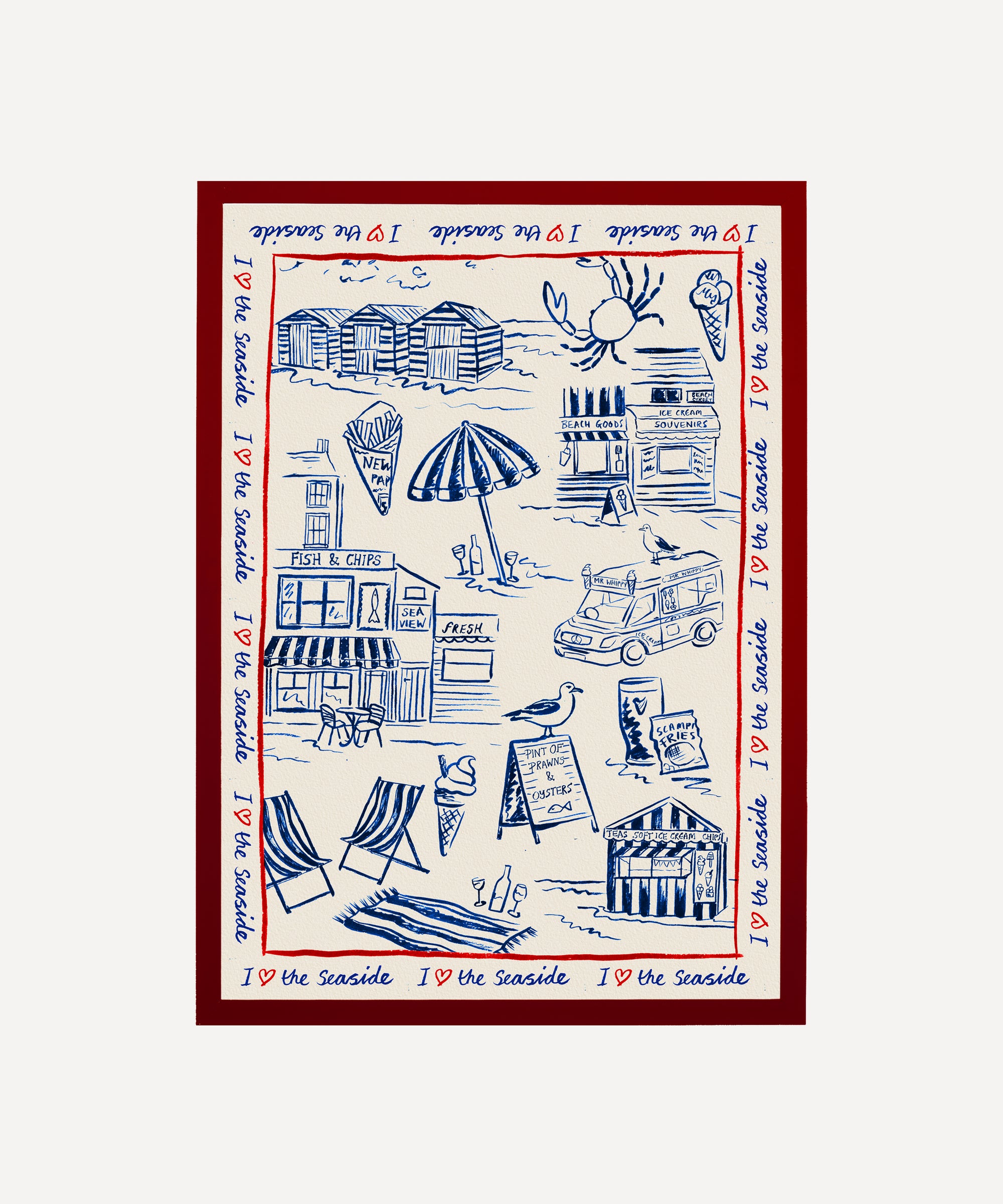 I Love The Seaside print, toile-style beach scene with ice cream van and seagulls in frame