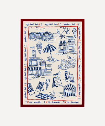 I Love The Seaside print, toile-style beach scene with ice cream van and seagulls in frame