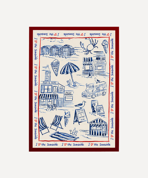 I Love The Seaside print, toile-style beach scene with ice cream van and seagulls in frame