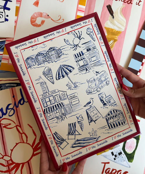 I Love The Seaside print, toile-style beach scene with ice cream van and seagulls with collection
