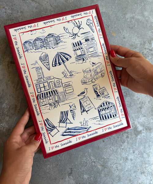 I Love The Seaside print, toile-style beach scene with ice cream van and seagulls on table