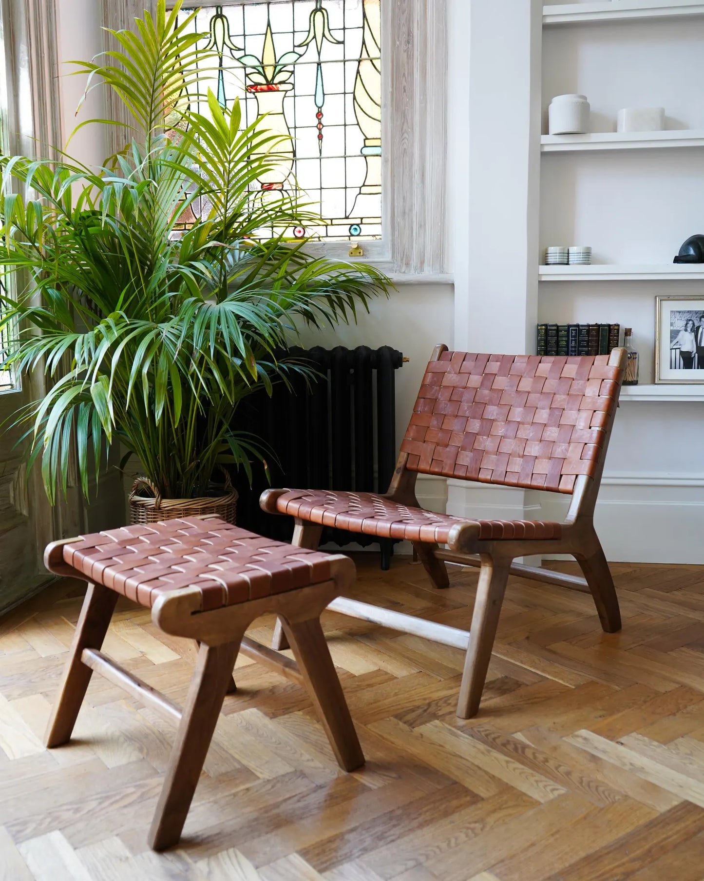 Sage Green Luxury Leather and Walnut Wood Woven Lounge Chair