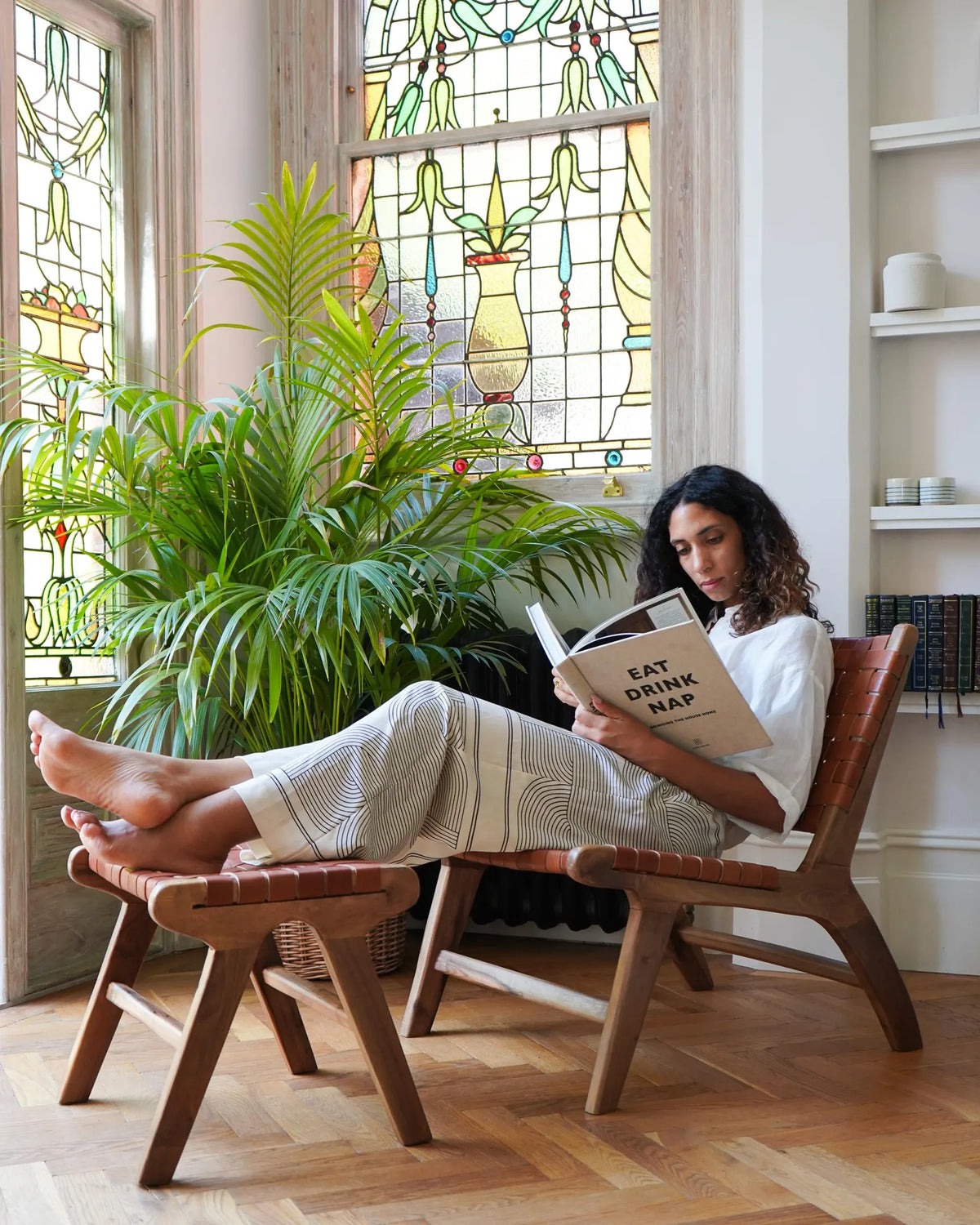 Sage Green Luxury Leather and Walnut Wood Woven Lounge Chair