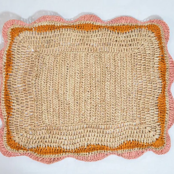 Garden Party Placemats with Pink and Orange Edges, Hand Woven Rectangular Table Mat
