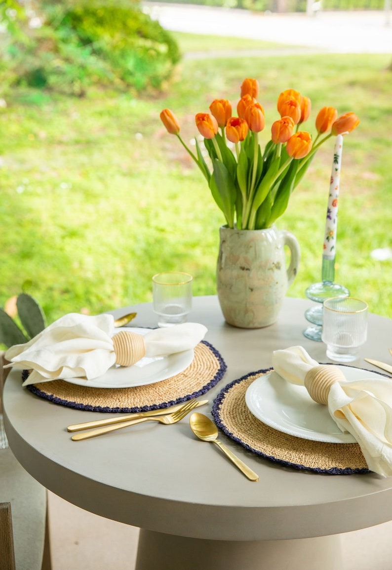 Handwoven Aura Blue Edge Placemat - Rustic Woven Raffia Tabletop Decor