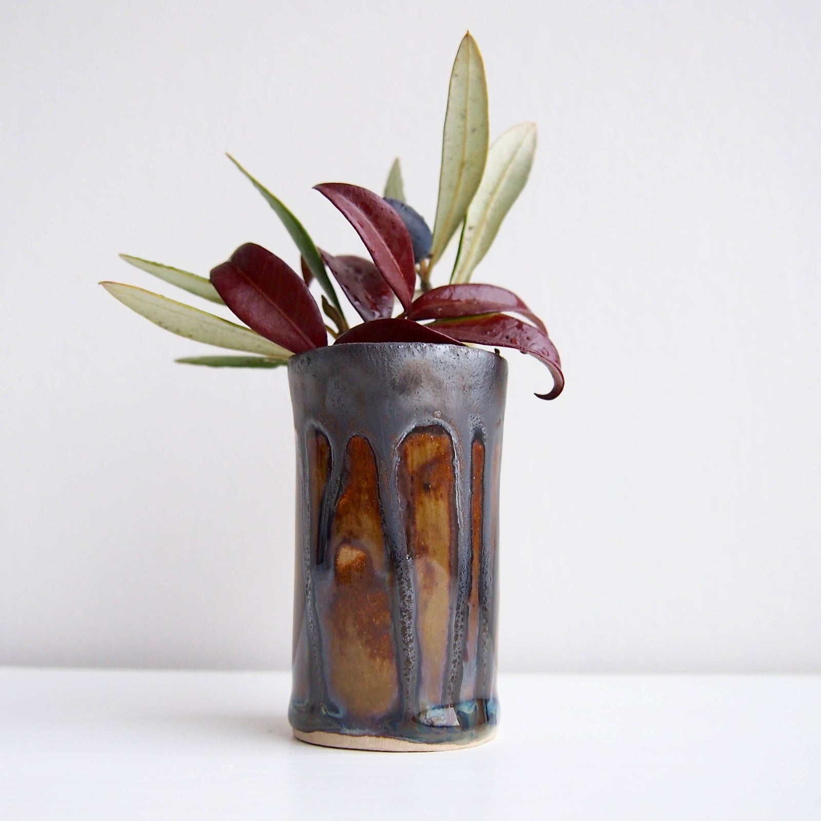 Handmade Mini Brown Blue Metallic Ceramic Vase