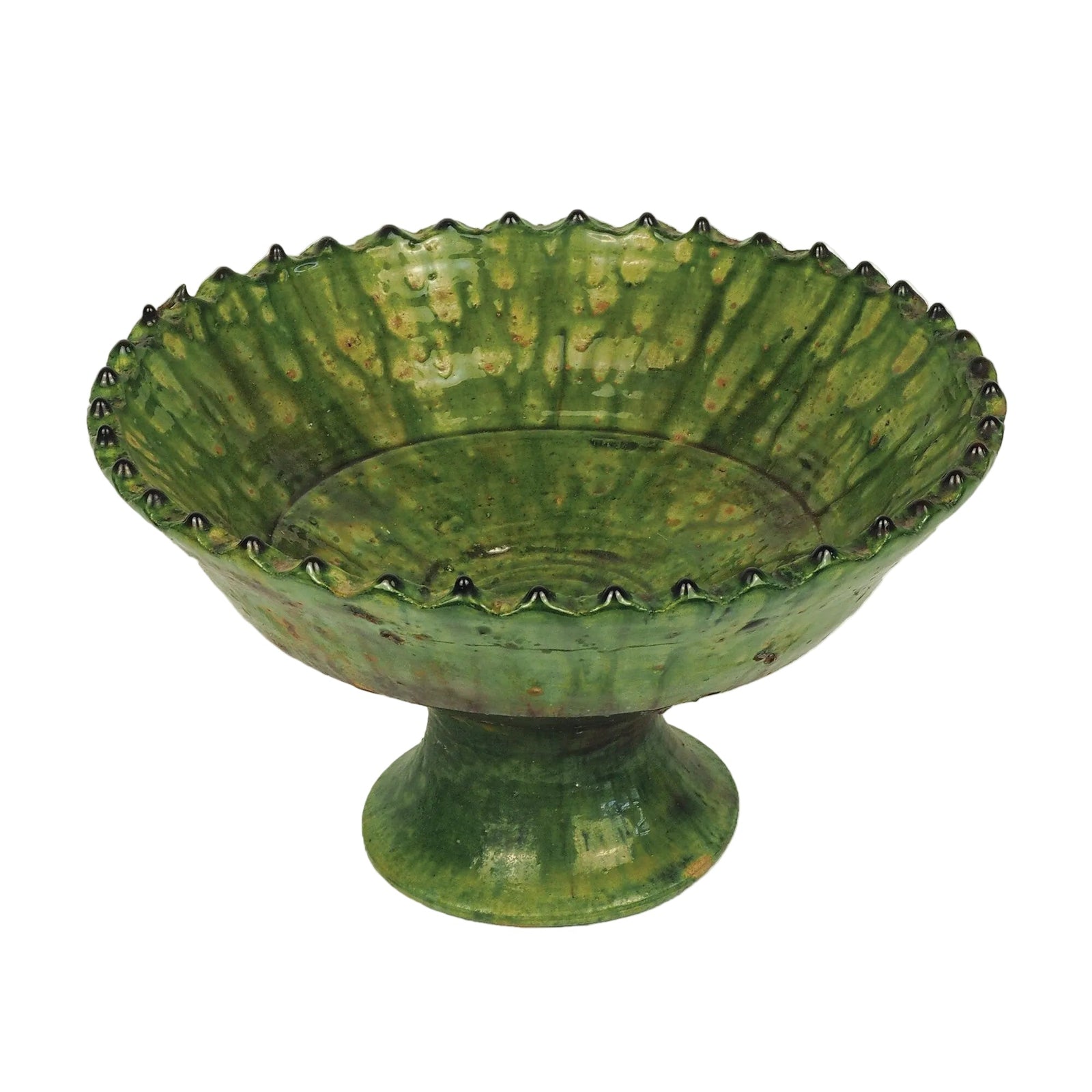 Vintage Tamegroute Green Jagged Edge Pedestal Fruit Bowl
