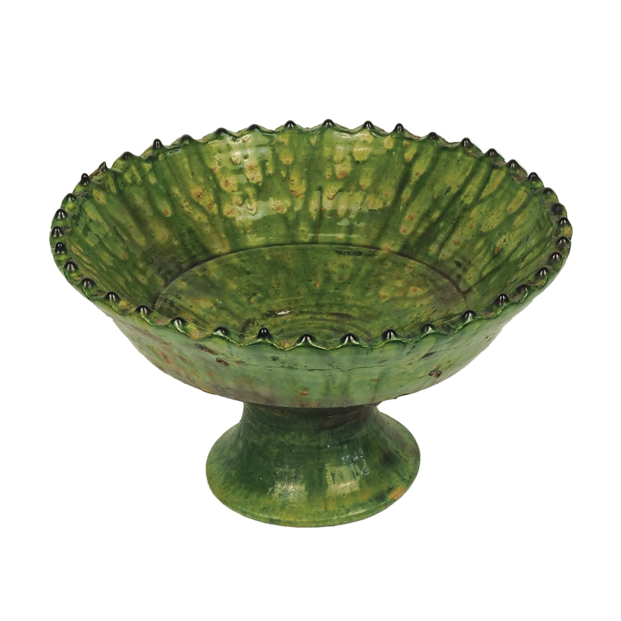 Vintage Tamegroute Green Jagged Edge Pedestal Fruit Bowl