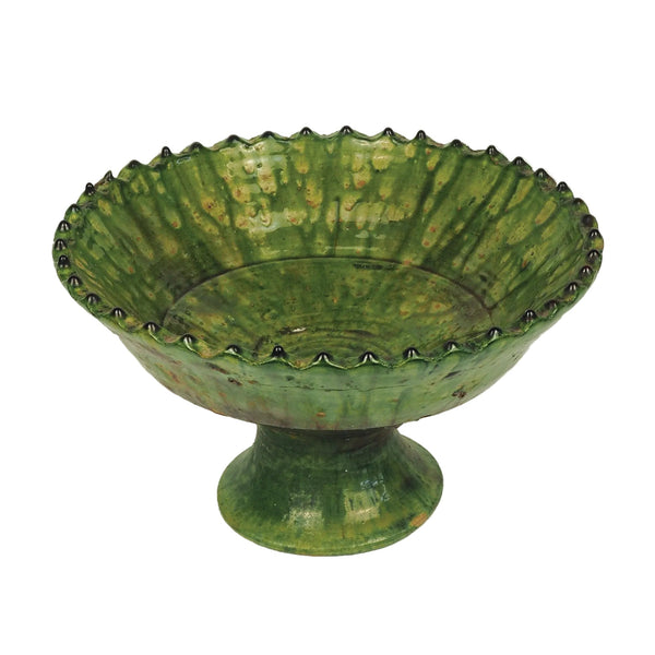 Vintage Tamegroute Green Jagged Edge Pedestal Fruit Bowl