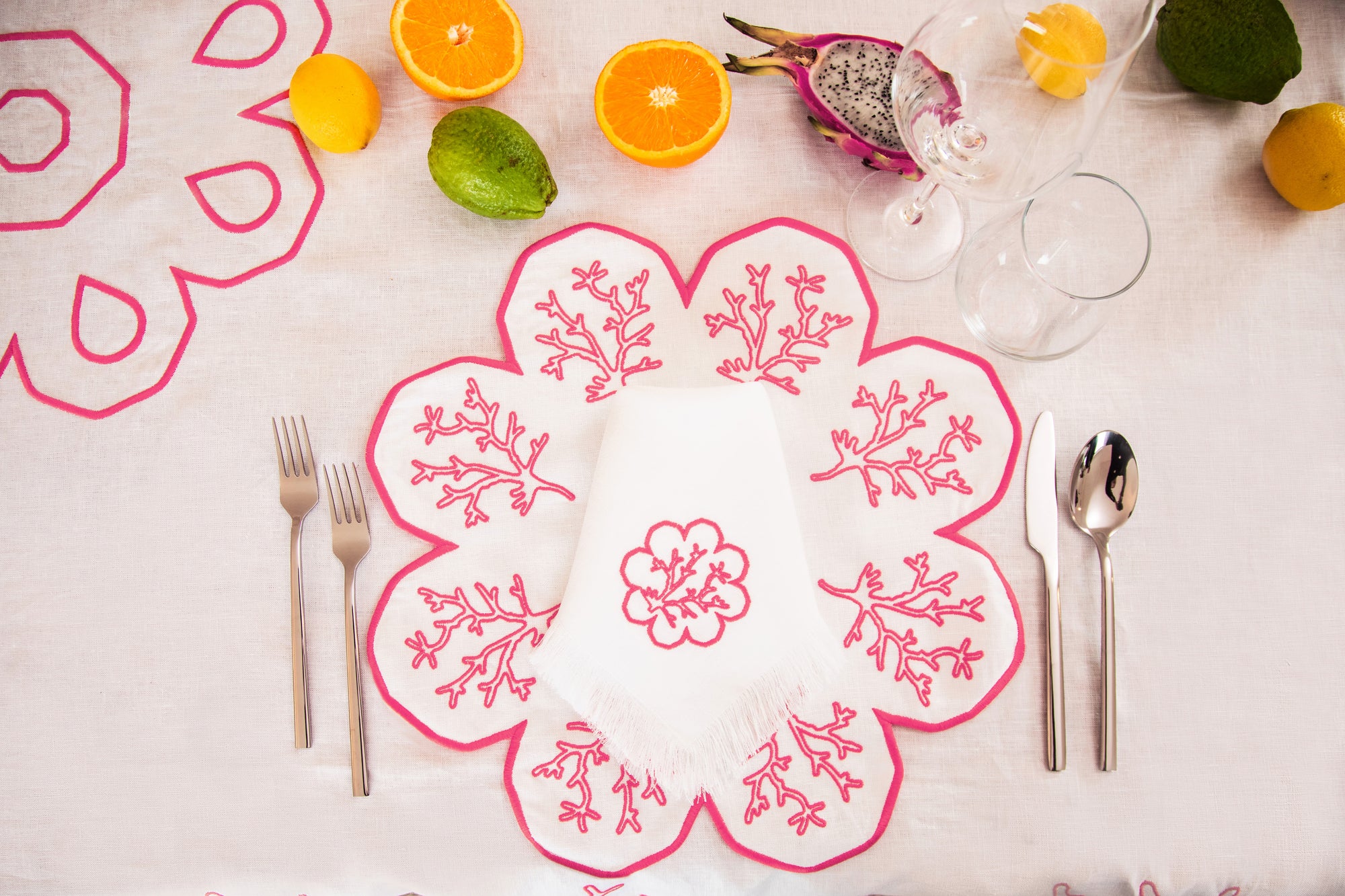 Pink Coral Napkin with Fringe - Set of 2 - White Linen