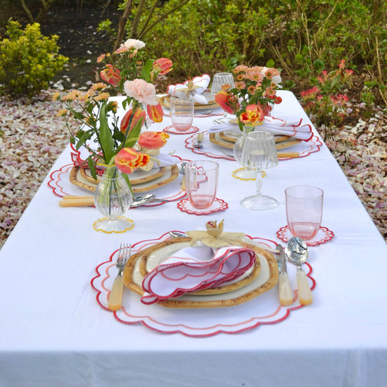 Scalloped Placemat Embroidered Red & Pink