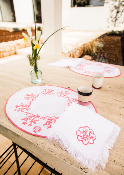 Pink Coral Breakfast Placemat  - Set of 2 - White Linen