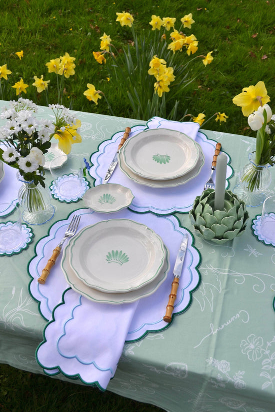 Set of 4 Scalloped Coasters Embroidered Blue & Green