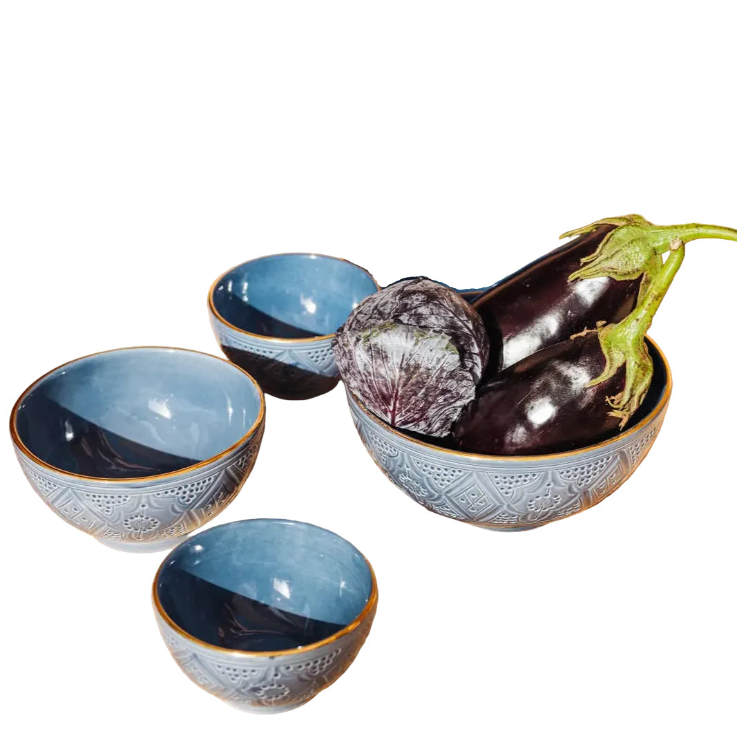 Round Bowl and Salad Bowl - Blue Stone Gold Imprint