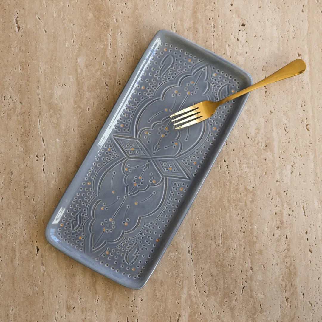 Long Decorative Tray - Blue Stone Gold Imprint