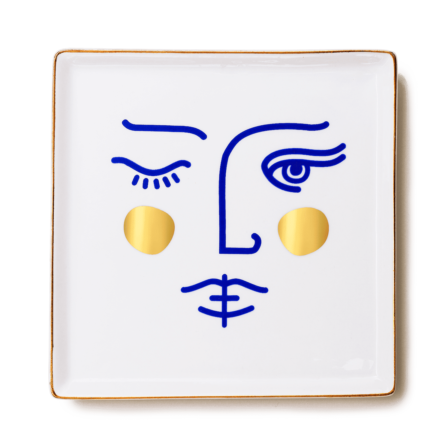 OCTAEVO Janus Goddess Ceramic Tray: square white ceramic with minimalist blue face and gold circle cheeks.