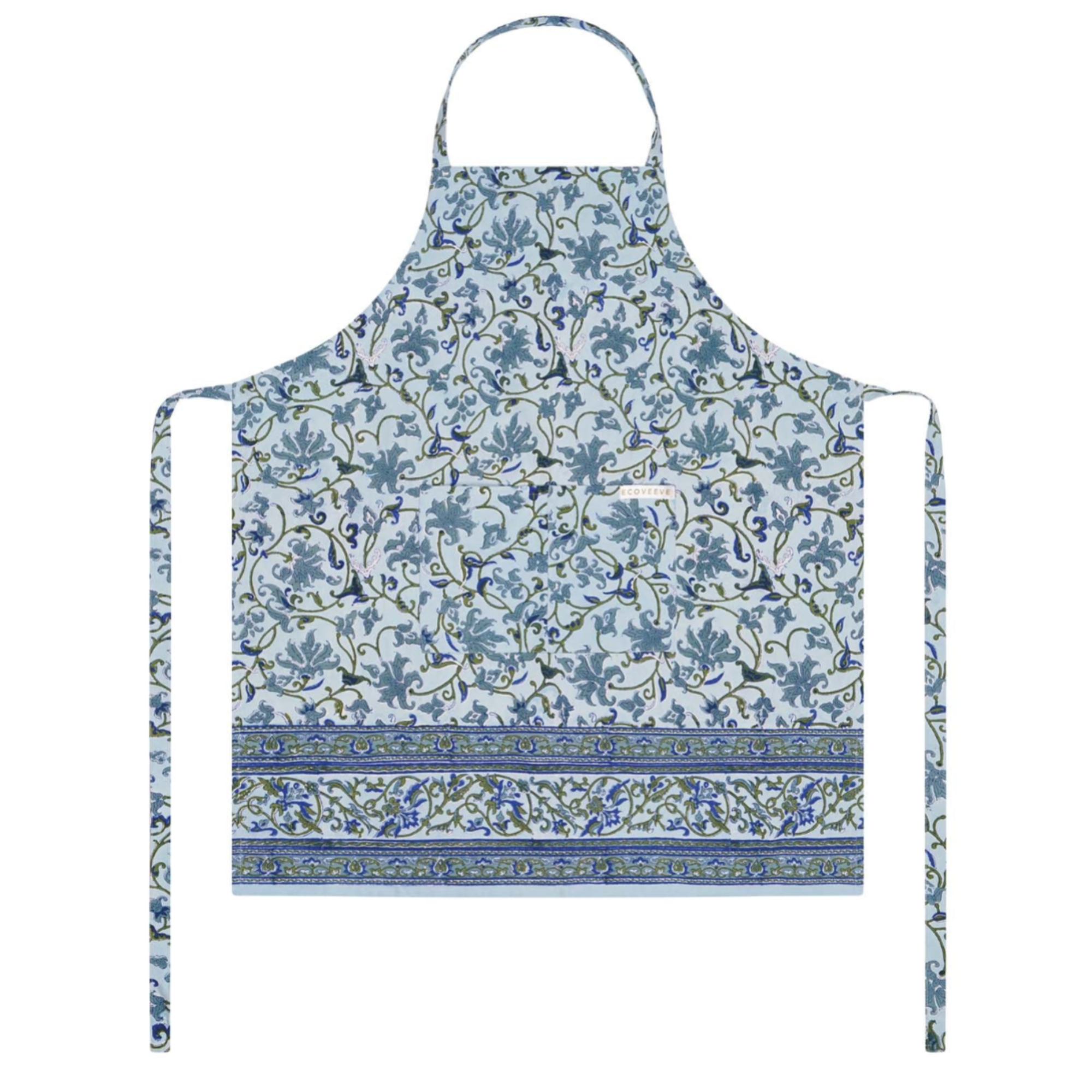 Floral patterned block printed apron on a white background
