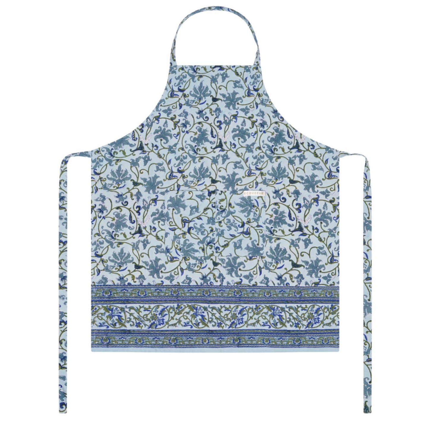 Floral patterned block printed apron on a white background