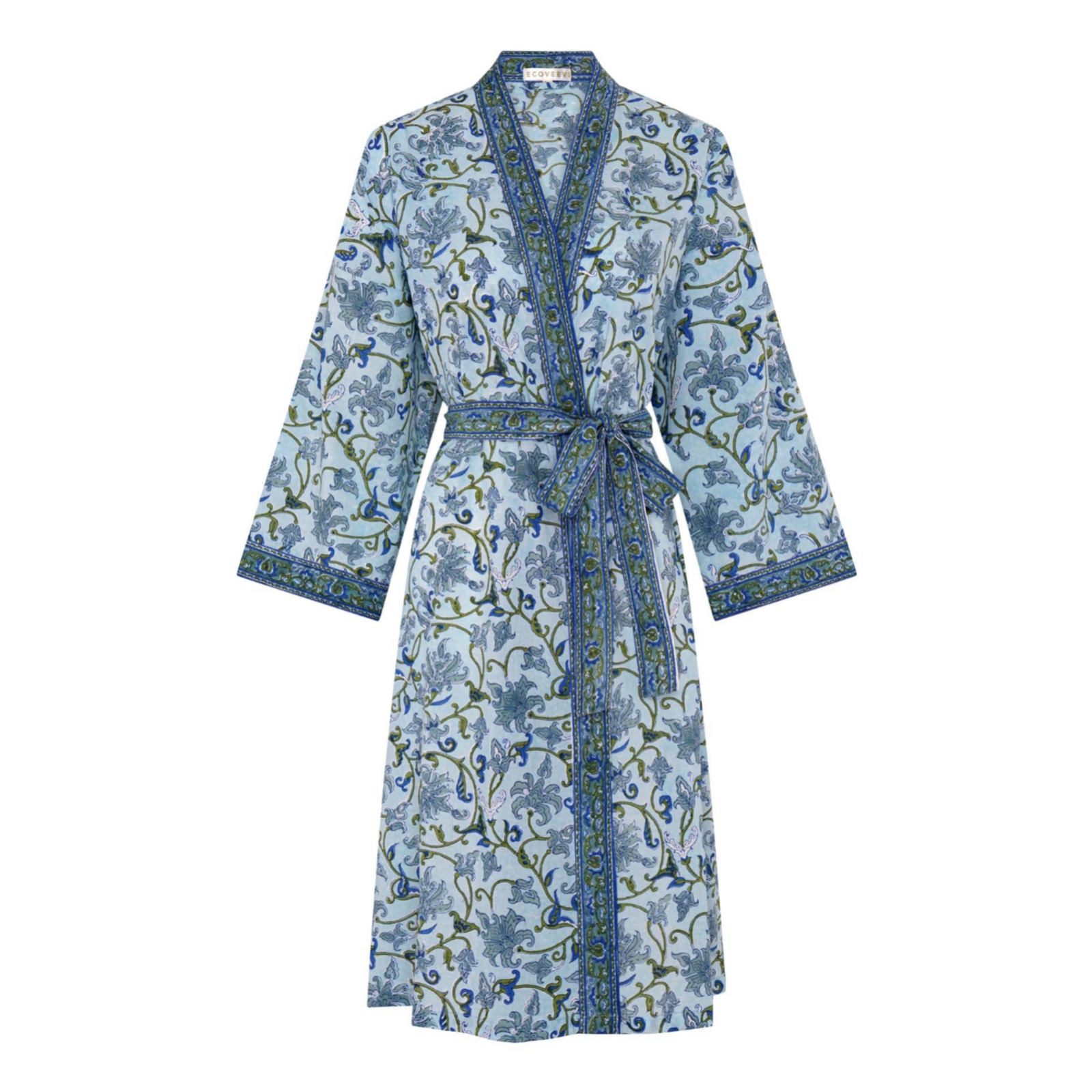 A hand block printed dressing robe with a floral pattern in blue and green colors, made from cotton.