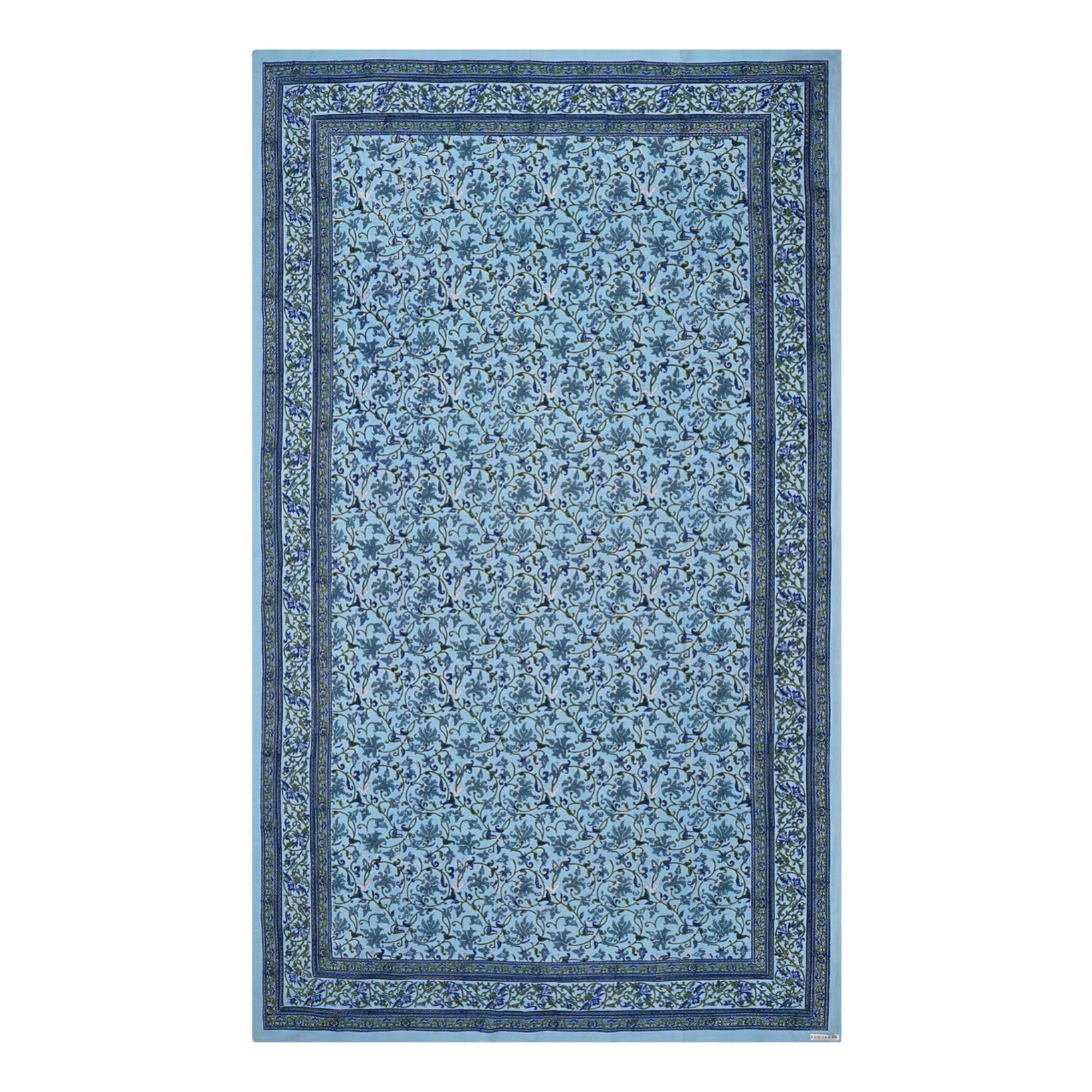 A rectangular tablecloth with a sky blue base and an intricate floral jaal pattern, displayed on a white background.