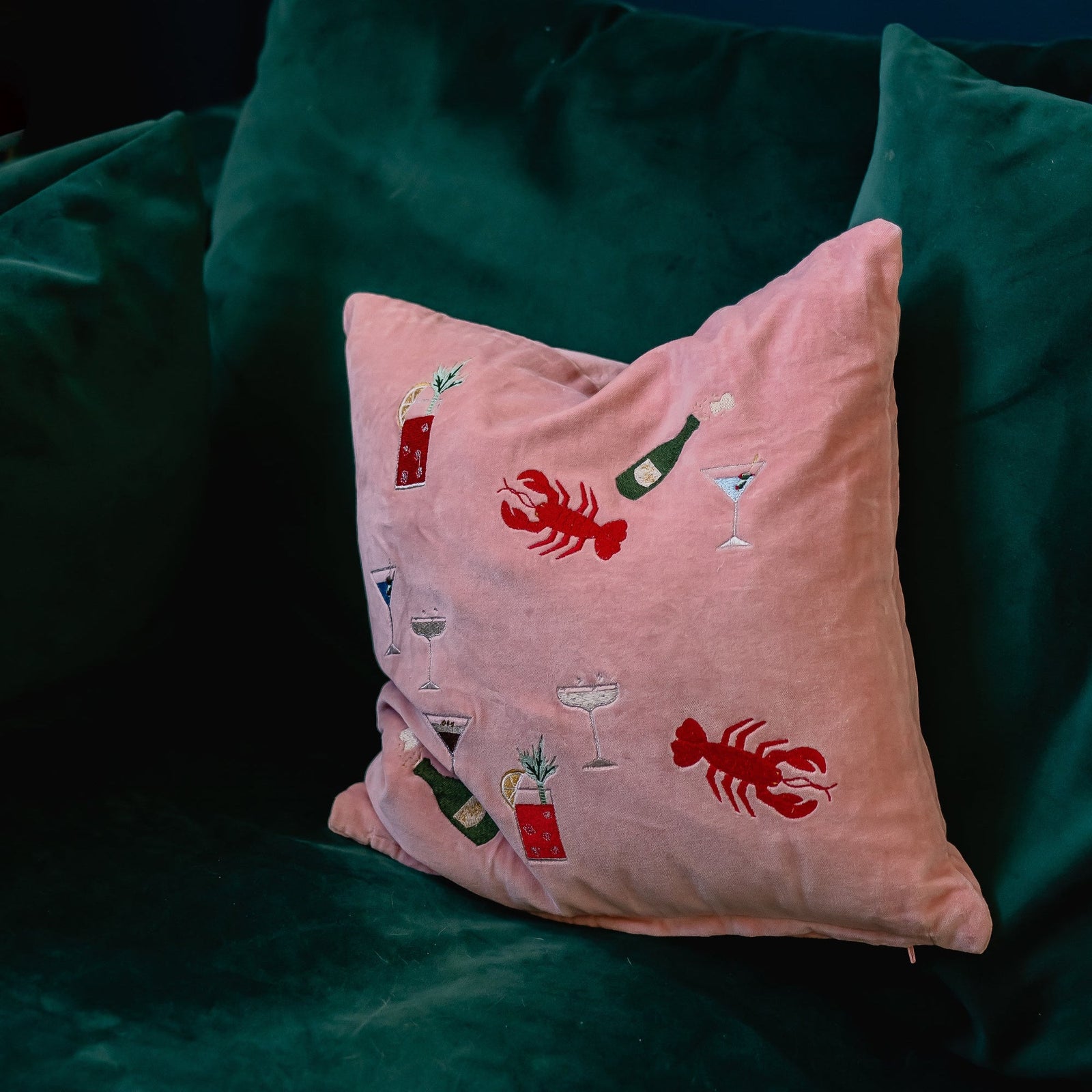 Doodle Velvet Cushion with embroidered lobster details