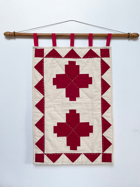 Red Log Cabin Patchwork Wall Hanging
