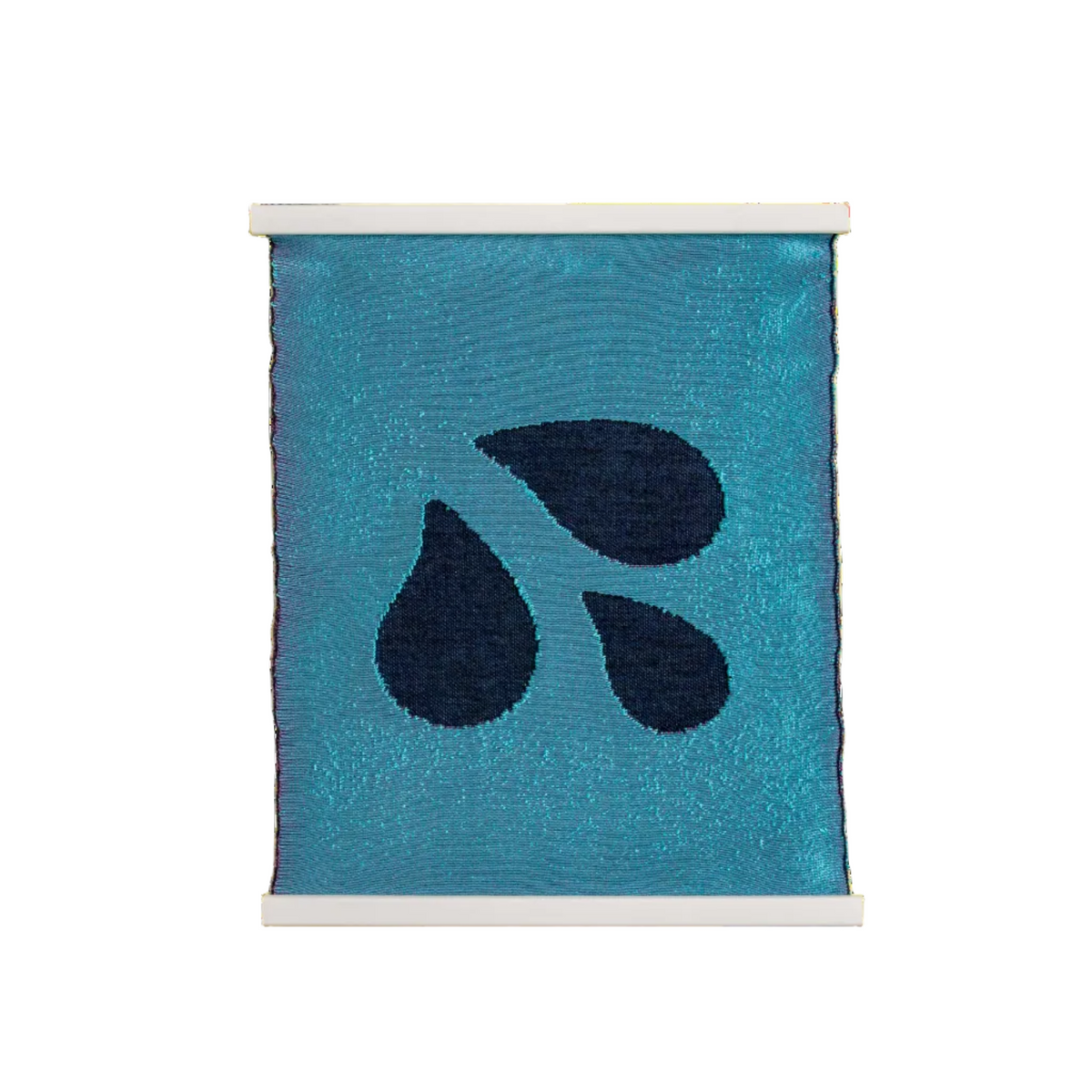 front view of blue knit wall hanging with wooden magnetic frame