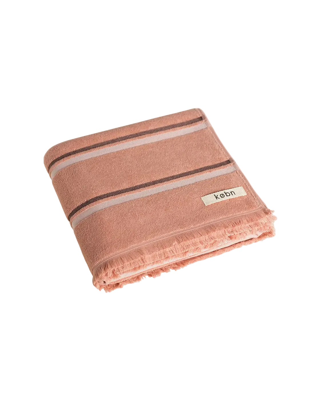 Folded Clay towel with black and cream stripes, raw edge fringing. Kobn logo. 