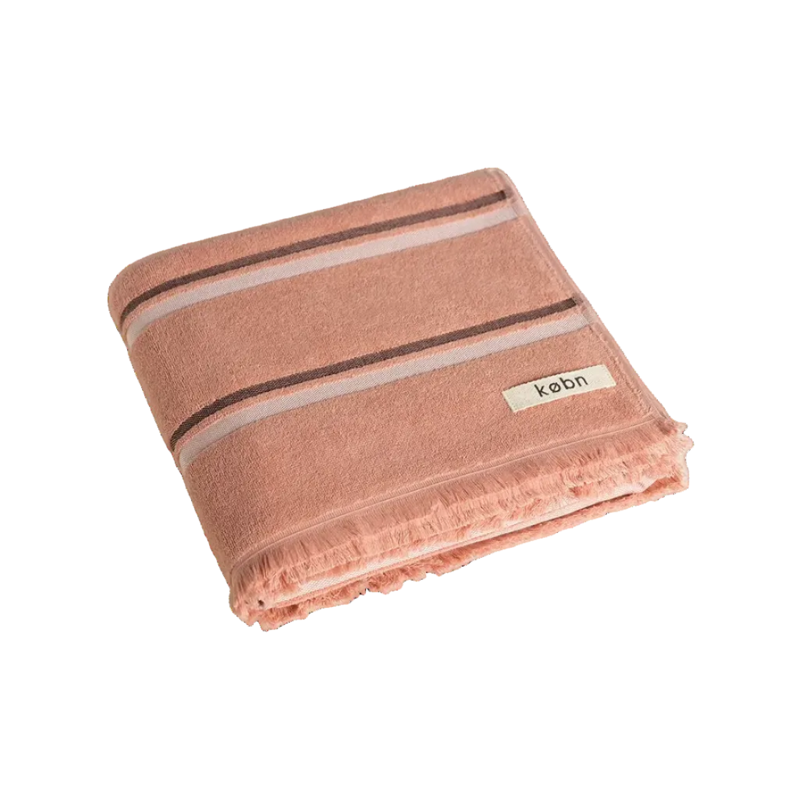 Folded Clay towel with black and cream stripes, raw edge fringing. Kobn logo. 