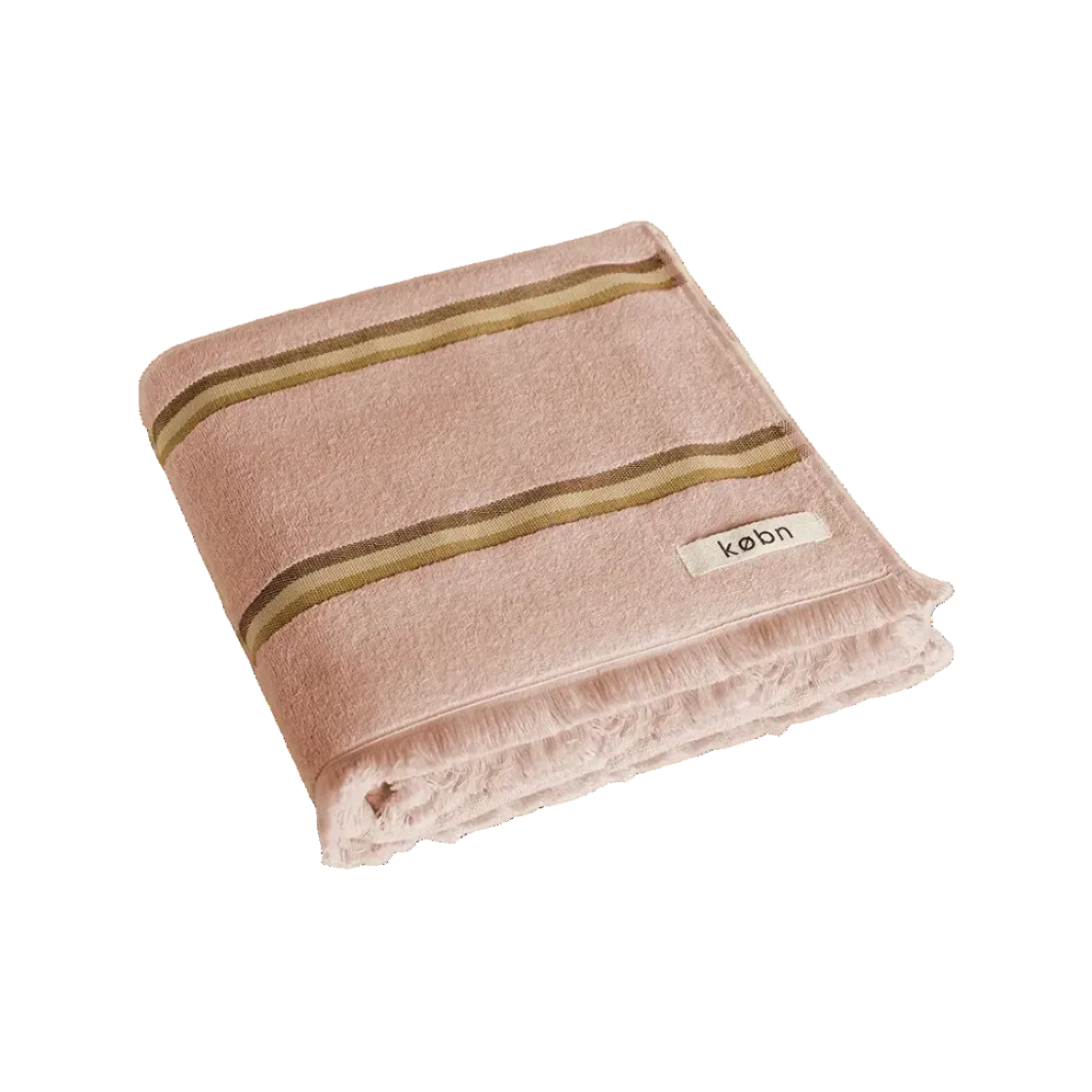Folded pink towel with tonal brown stripes and fringing on the ends, on a white background