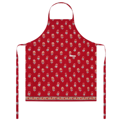 Red block printed apron with a floral pattern on a white background