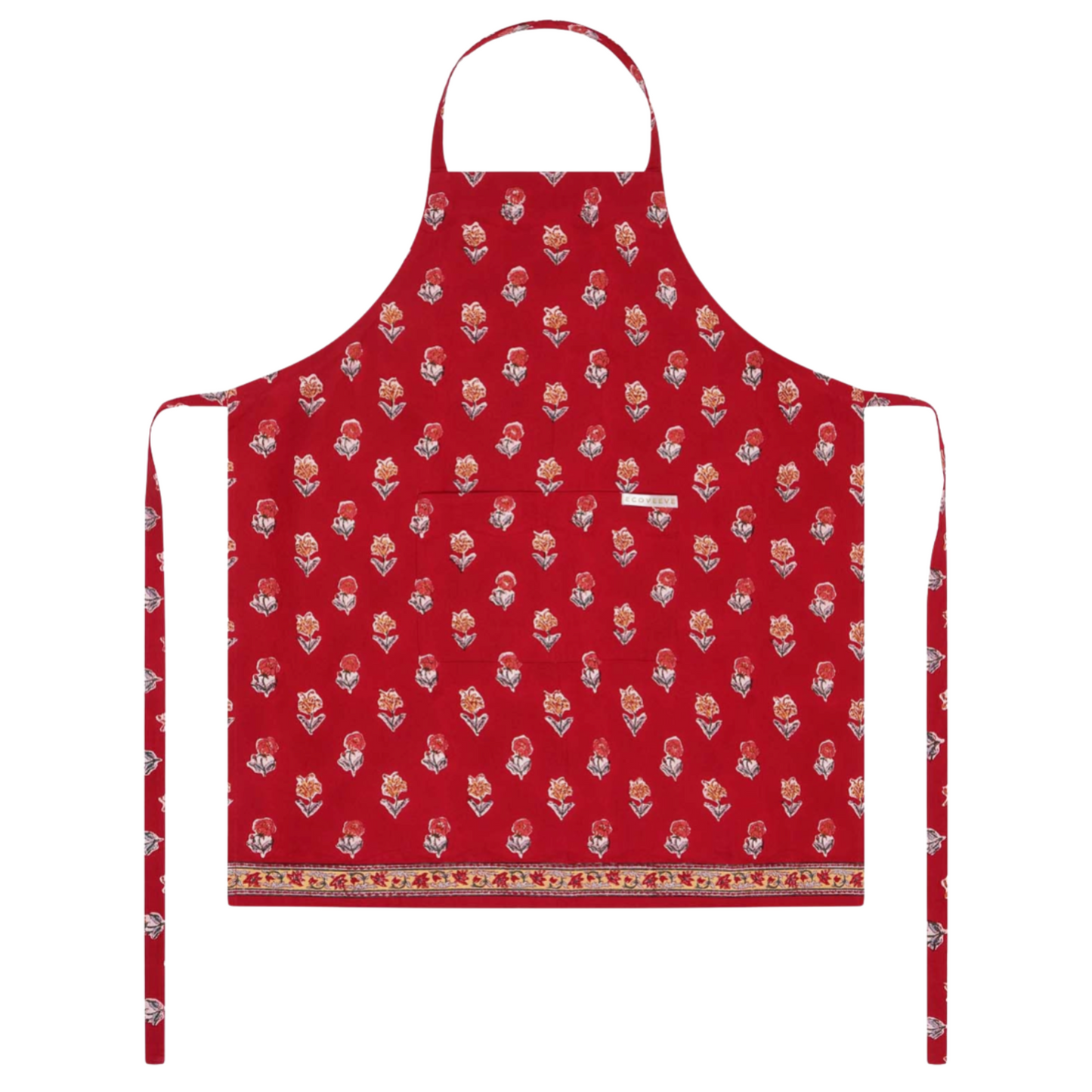 Red block printed apron with a floral pattern on a white background