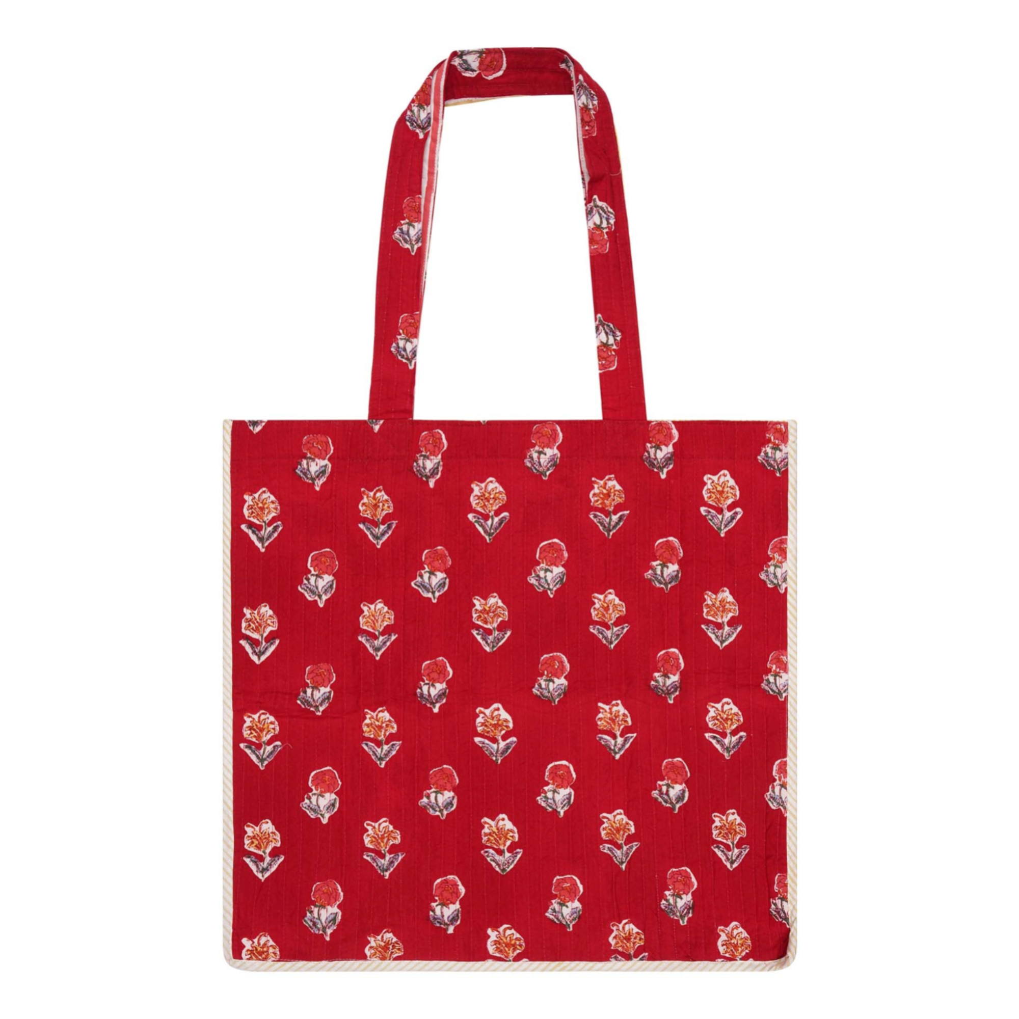 Red block-printed cotton tote bag with contrast trim and a floral design
