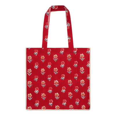 Red block-printed cotton tote bag with contrast trim and a floral design