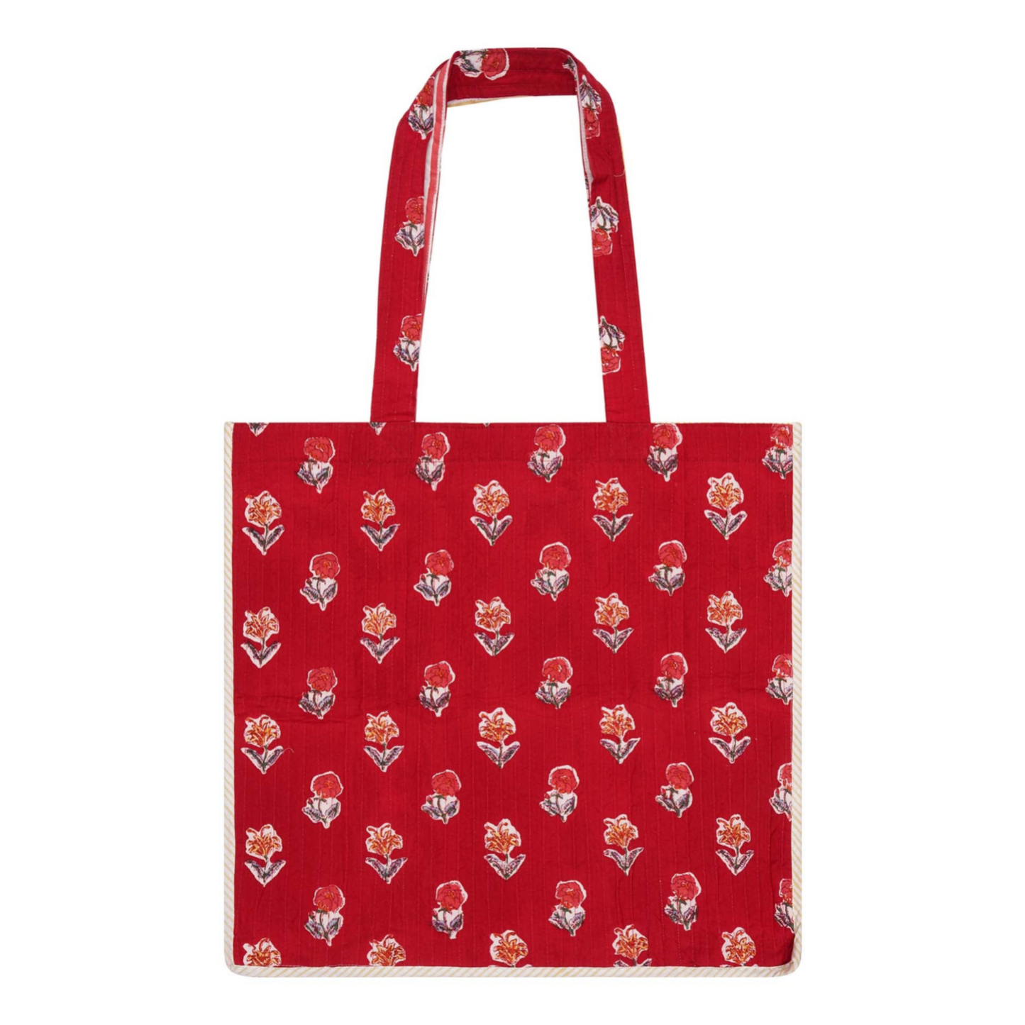 Red block-printed cotton tote bag with contrast trim and a floral design