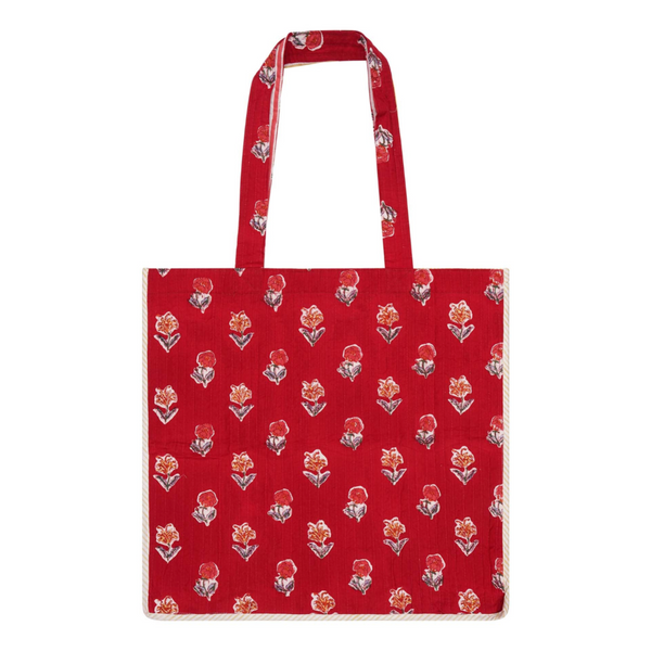 Red block-printed cotton tote bag with contrast trim and a floral design