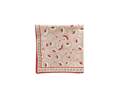 Close-up of hand screen-printed floral motif on cotton napkin