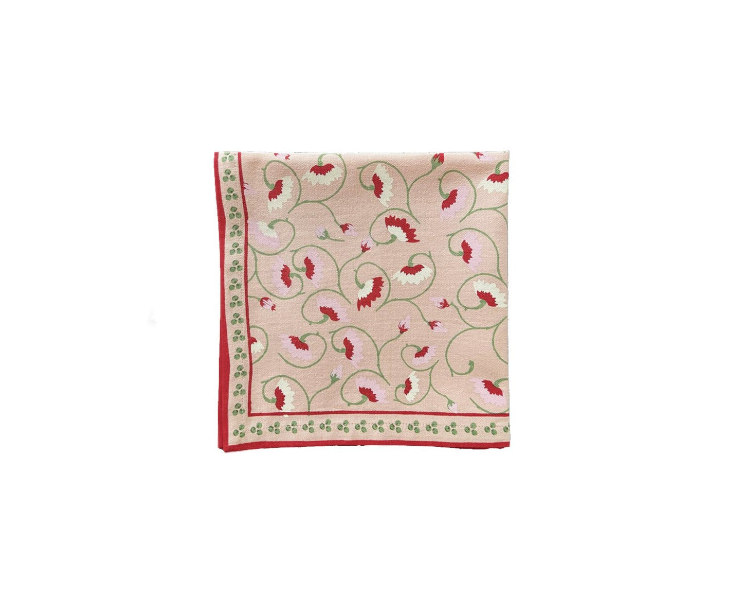 Close-up of hand screen-printed floral motif on cotton napkin